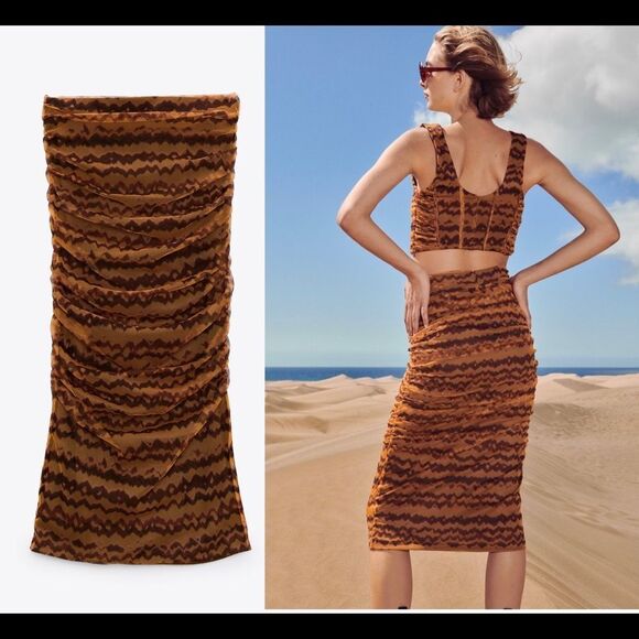 ZARA bloggers fave Brown high waisted ruched draped tulle midi skirt Sz XS NWT - Picture 4 of 15